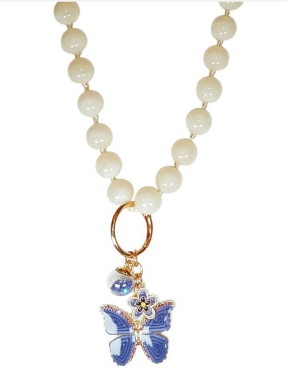 Chunky Off White Beaded Butterfly Charm Necklace Y2k Fairycore Grandmacore Twee
